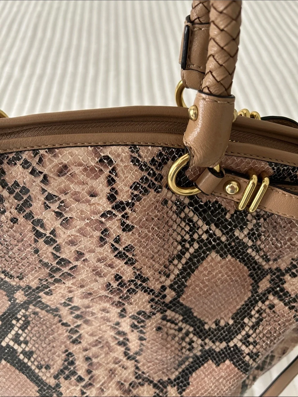 Coach Pink Snake-Print Satchel with Tan Trim - Picture 3 of 12